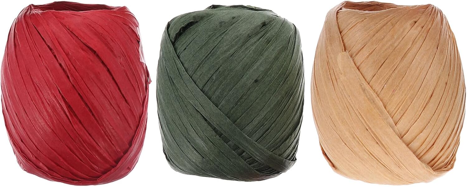 6 Rolls 20 Meters Raffia Paper Ribbon Twine Set Colored Paper Cord for DIY Crafts Wrapping and Packaging 3 Colors Army Green Light Coffee Bright Red