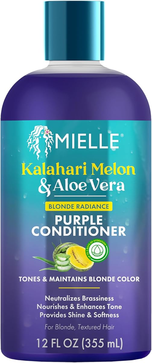 Mielle Kalahari Melon & Aloe Vera Purple Acondicionador, Acondicionador tonificante rubio radiante para cabello cobrizo, hidratante y seguro para el color para cabello rubio y texturizado, sin sulfato, 12 onzas