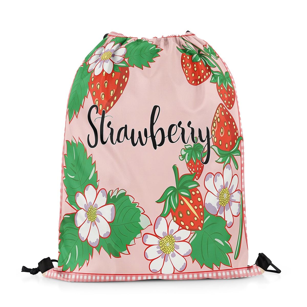 Homewish Strawberry String Backpack 33 x 40 cm Cartoon Red Strawberry Draw String Back Bag White Flowers Summer Drawstring Bags Funny Fruit theme Drawstring Backpack,Pink