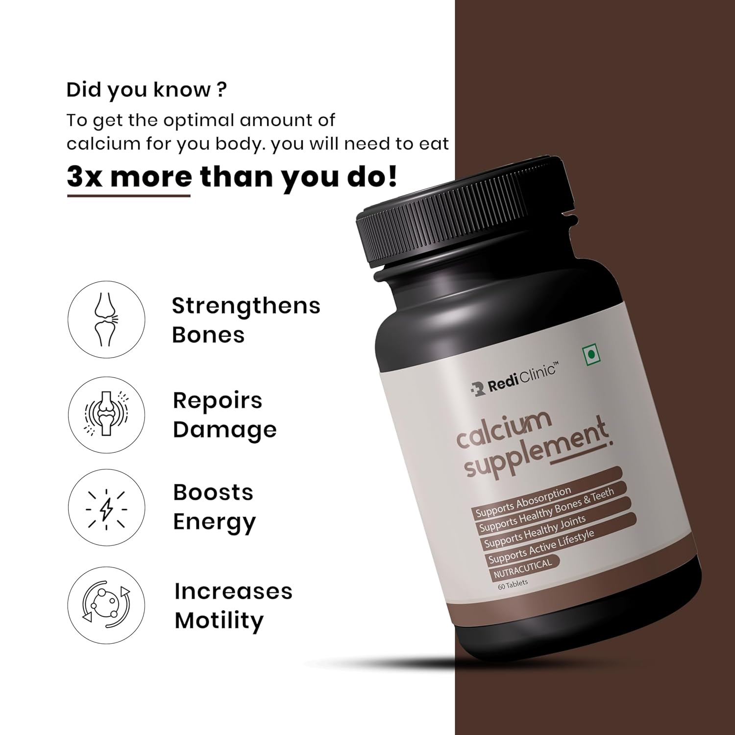 Rediclinic calcium and vitamin D3 tablets | Calcium magnesium zinc | Calcium supplements for men with calcium citrate | Support strong bones, joints and muscles. 60 tablets - 1 pack of 1 Rediclinic calcium and vitamin D3 tablets | Calcium magnesium zinc | Calcium supplements for men with calcium citrate | Support strong bones, joints and muscles. 60 tablets - 1 pack of 1