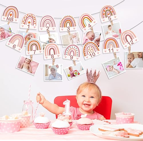 Miniatura 4 de Laumoi 13 piezas de arco iris primer cumpleaños suministros de fotos arcoíris bebé hito mensual foto banner guirnalda rosa de recién nacido a 12