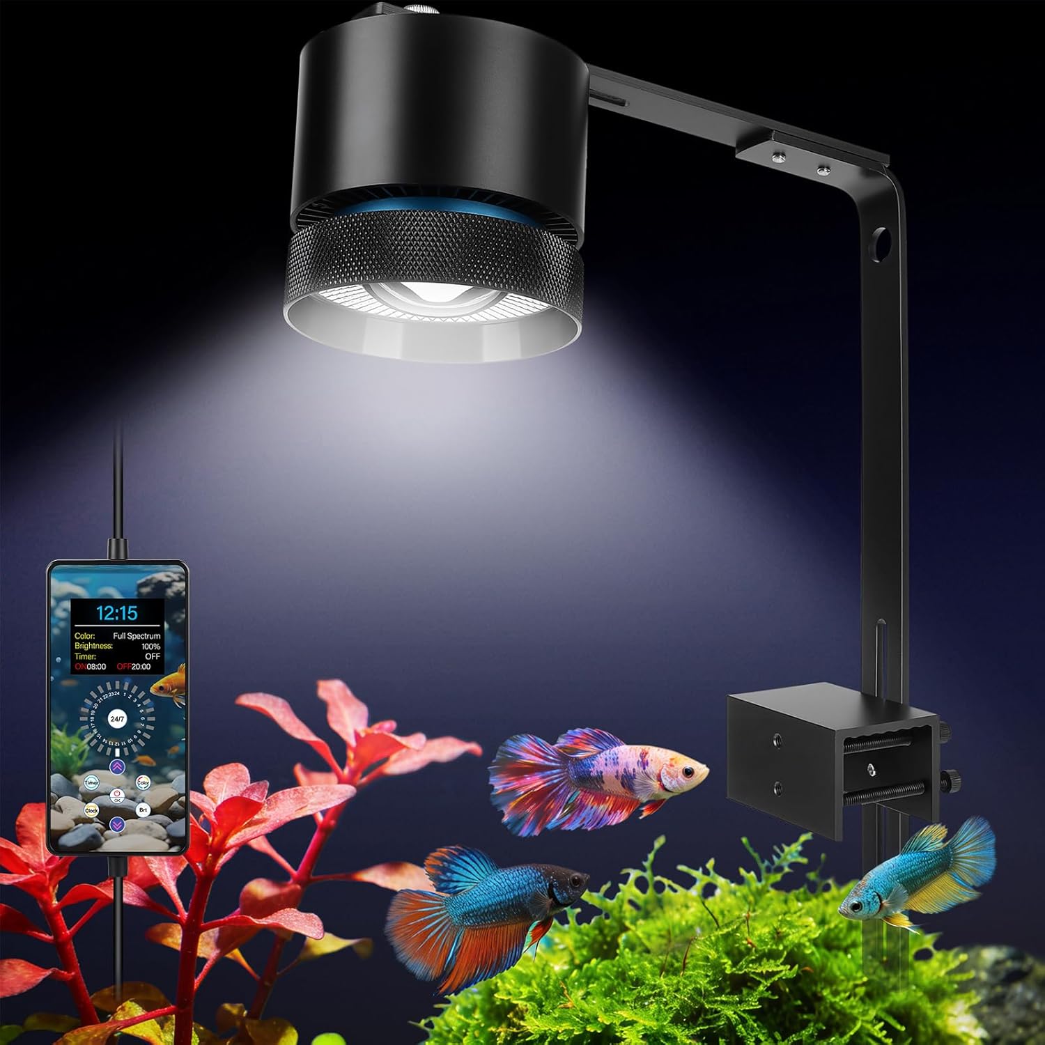 fishkeeper Aquarium Clip-On Stream Light with Auto Time Sync & 24/7, Full Spectrum LED Fish Tank Lights with 9 Colors, Set Any Timer & 1-100% Dimming, Adjustable Clamp, for Freshwater Plants Tanks 60W