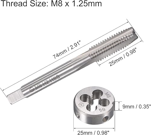 Miniatura 12 de uxcell M8 x 0.030 in Juego de llaves métricas y troqueles, rosca de máquina con troquel de roscado redondo, kit de grifo y troquelado