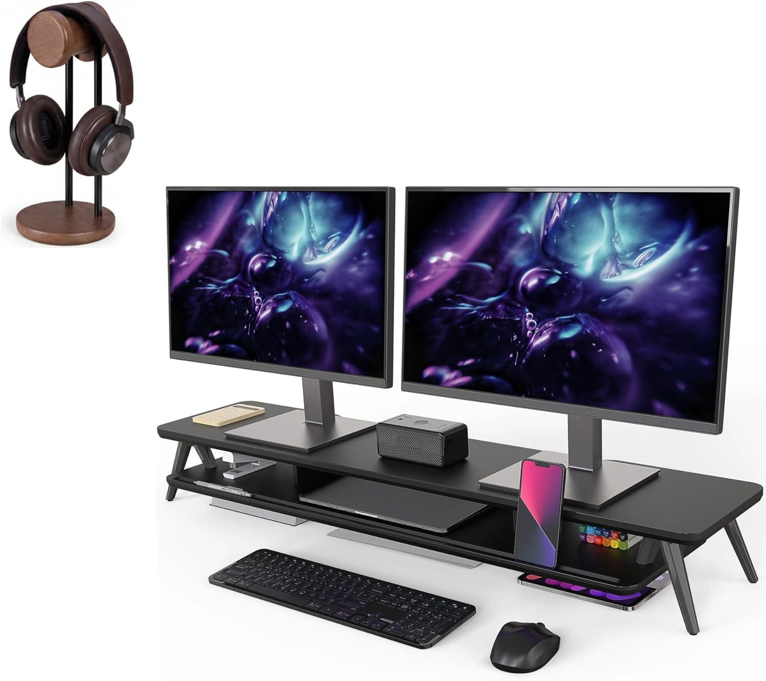 Fenge Dual Monitor Stand Riser for 2 Monitors, 11.3" Solid Wood Headphone Stand for Desk