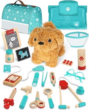 Doctors Set for Kids, Vet Set for Kids with Plush Dog, Wooden Doctors Kit with Clothing and Hat, Girls Toys, 3 Year Old Girl GiftsGreen