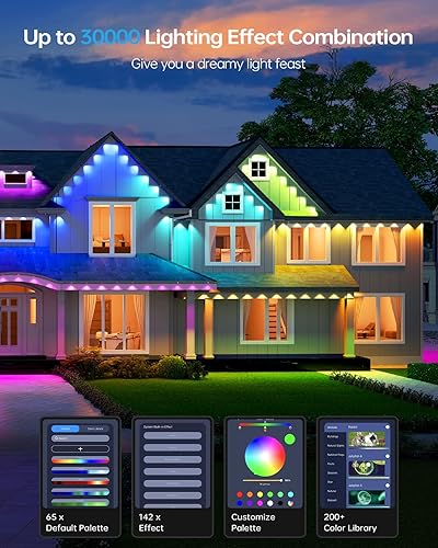 Miniatura 5 de ASAHOM Luces permanentes para exteriores Pro, 100 pies con 72 LED RGBCW y doble salida, integración WLED, 70 lm blanco, iluminación AI, combinación