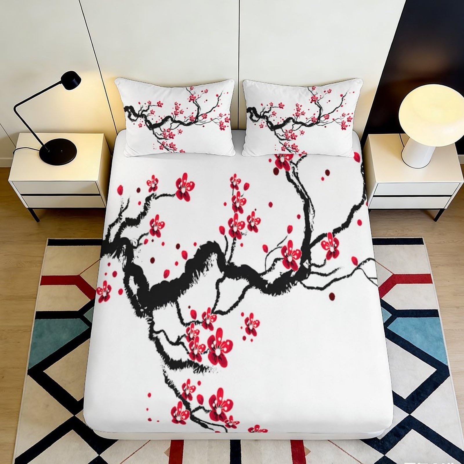 3D Printed Cherry Blossom Fitted Sheet Microfiber Soft Breathable Plum Flower Bed Cover for Bedroom Dormitory Guest Room Mattress Protection Decor 160x200x25cm