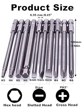 Rocaris 10pcs 1/4 Inch Hex Shank Long Magnetic Screwdriver