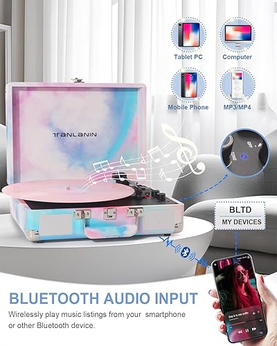 Miniatura 8 de Tocadiscos de vinilo de acuarela con control de agudos y graves, tocadiscos portátiles vintage de 3 velocidades con Bluetooth con altavoces