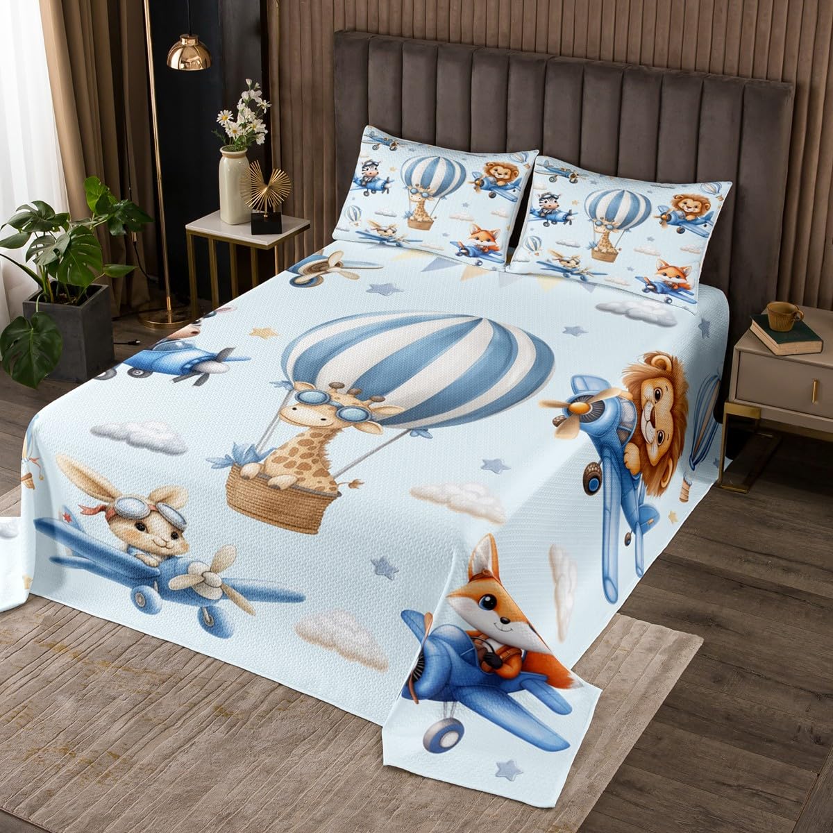 Manfei Cute Animals Kids Bedspread Twin Size,Kawaii Lion Fox Giraffe Zebra Rabbit Coverlet Set,Boys Girls Room Decor,Stars Airplane Hot Air Balloon Quilted Coverlet,Blue Bedding Quilt,1 Pillowcase