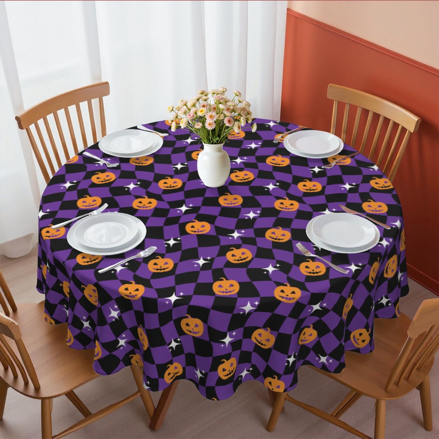 Aokoyi Halloween Pumpkin Tablecloth 60x60 Inch, Waterproof Washable Farmhouse Round Table Cloth Cover, Spooky Checkered Tablecloth for Party Picnic Dinner Home Decor