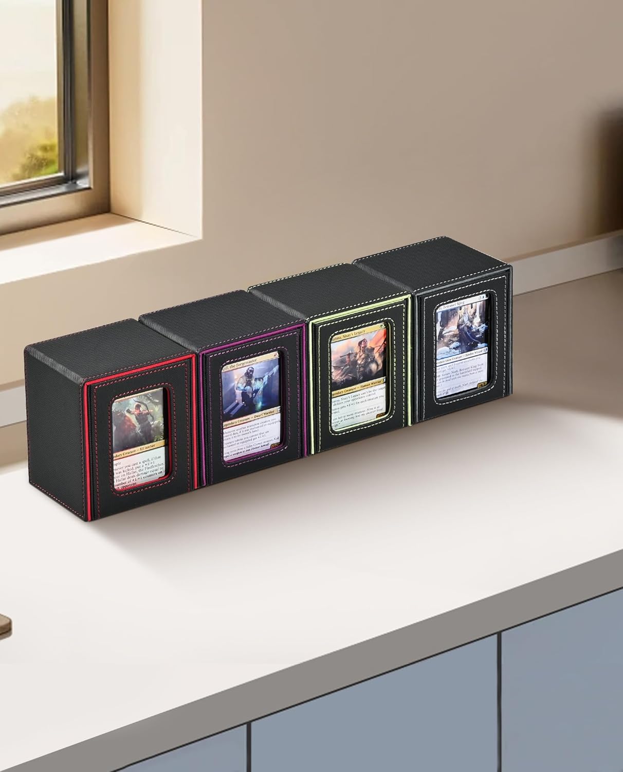 MTG Deck Box with Commander Window Display, Trading Card Storage Box Holds 100 Double-Sleeved Cards Suitable for TCG/CCG/PTCG/EDH/Magic/Sport Cards(Black&Green)