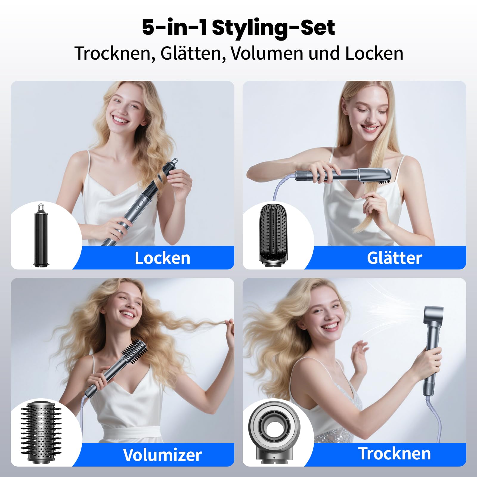 MANKIW 5 in 1 Airstyler Set,Heißluftstyler & Warmluftbürste mit 110.000 U/Min Hochgeschwindigkeitsmotor, Wirbelluft-Technologie, 500 Mio. Ionen, Automatischer Lockenstab, Glättbürste & Volumenstyler