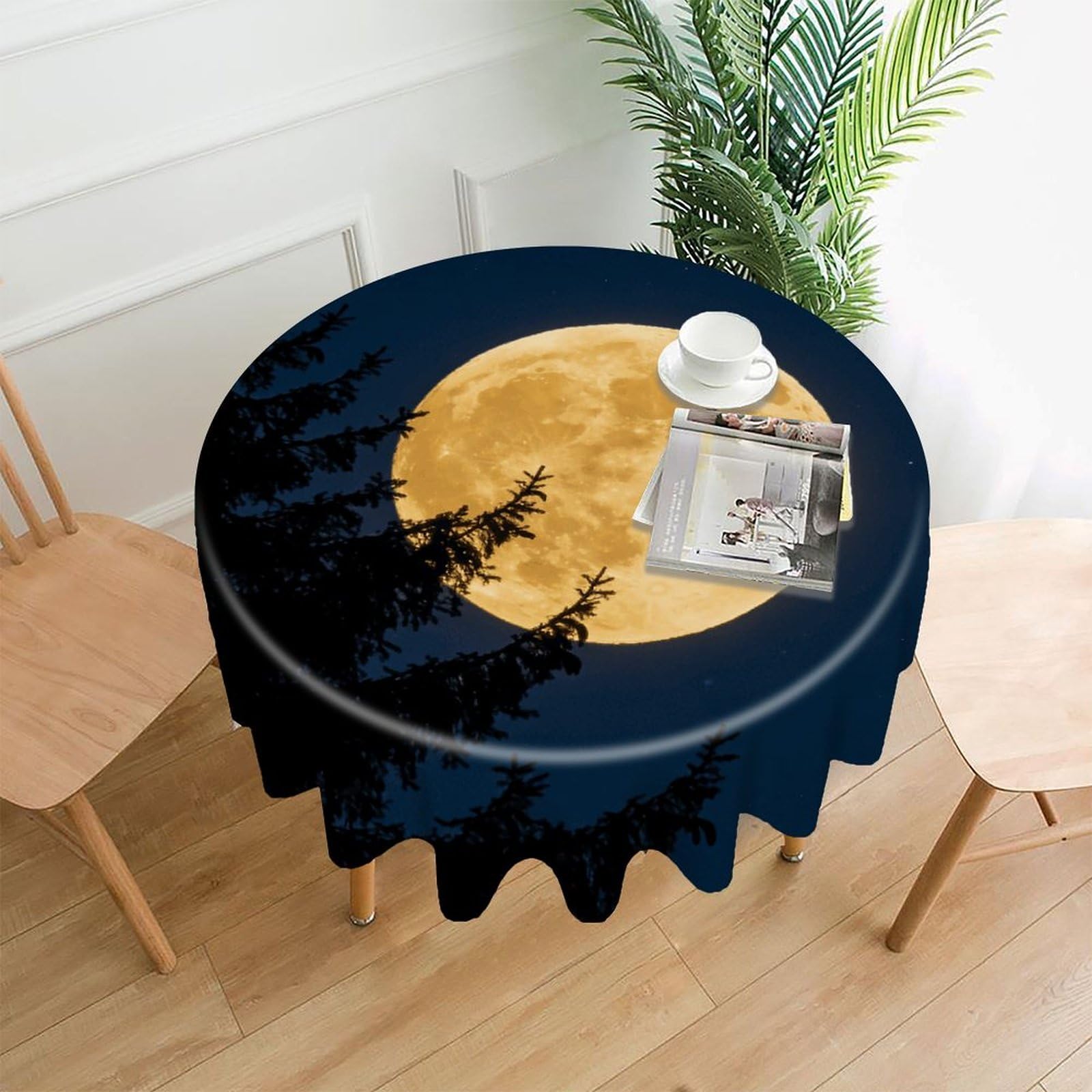 LZQPOEAS Full Moon Tablecloth Easy to Clean Polyester Round Table Cover Washable Round Table Cloth Wrinkle-Free Circle Decoration Tablecloth for Kitchen and Dining Room 60"
