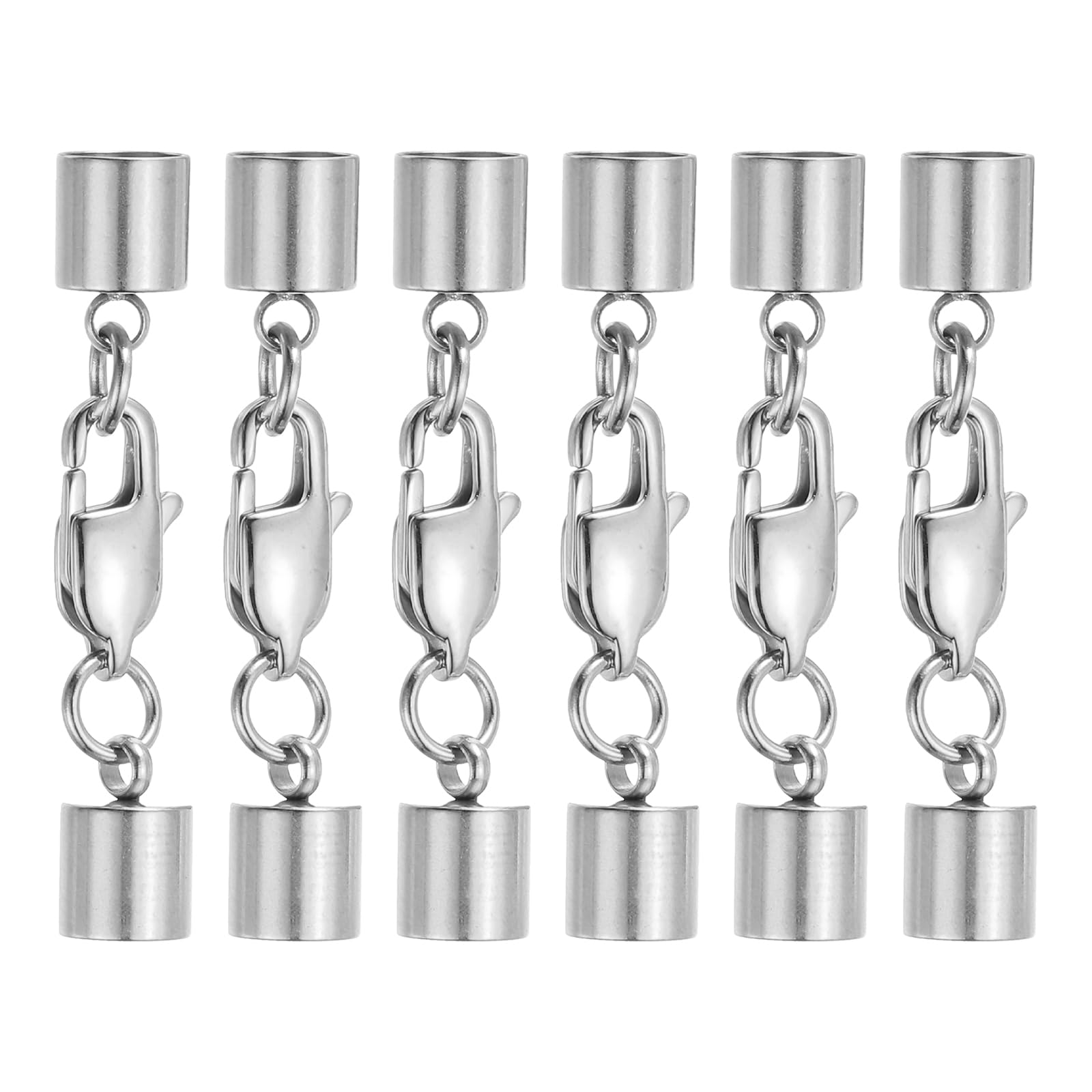 sourcing map 6Set 6mm Leather Cord End Caps with Lobster Claw Clasps Connector, Stainless Steel Cord Ends Barrel Terminators for Jewelry Making DIY Crafts Necklace Bracelets, Silver