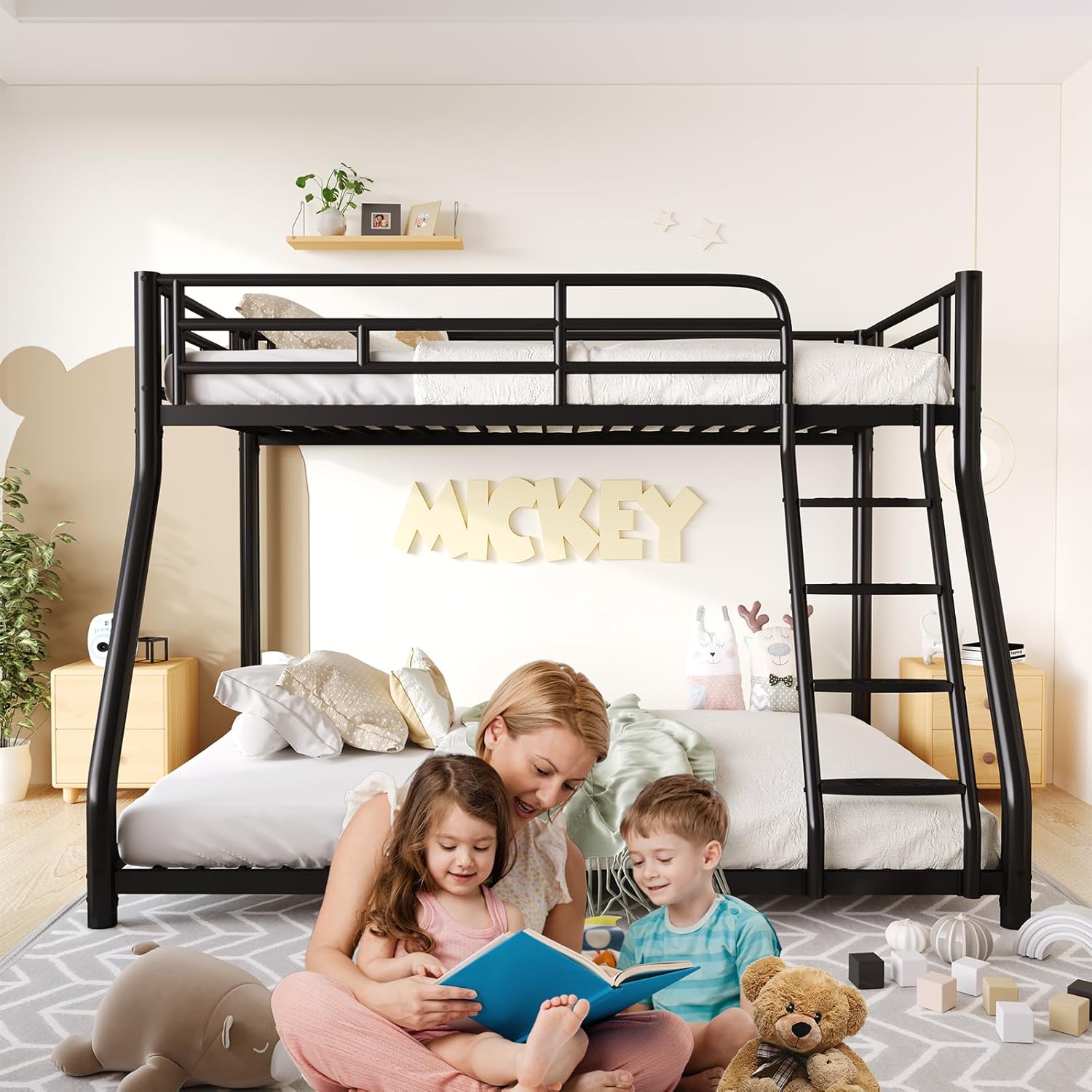 Metal Twin Over Full Bunk Bed，Bunk Beds Twin Over Full Size with Removable Wide Ladder and Full-Length Guardrail，Low Full BunkBeds Frame Heavy Duty steel Slat Support For Adults Kids and Young Teens