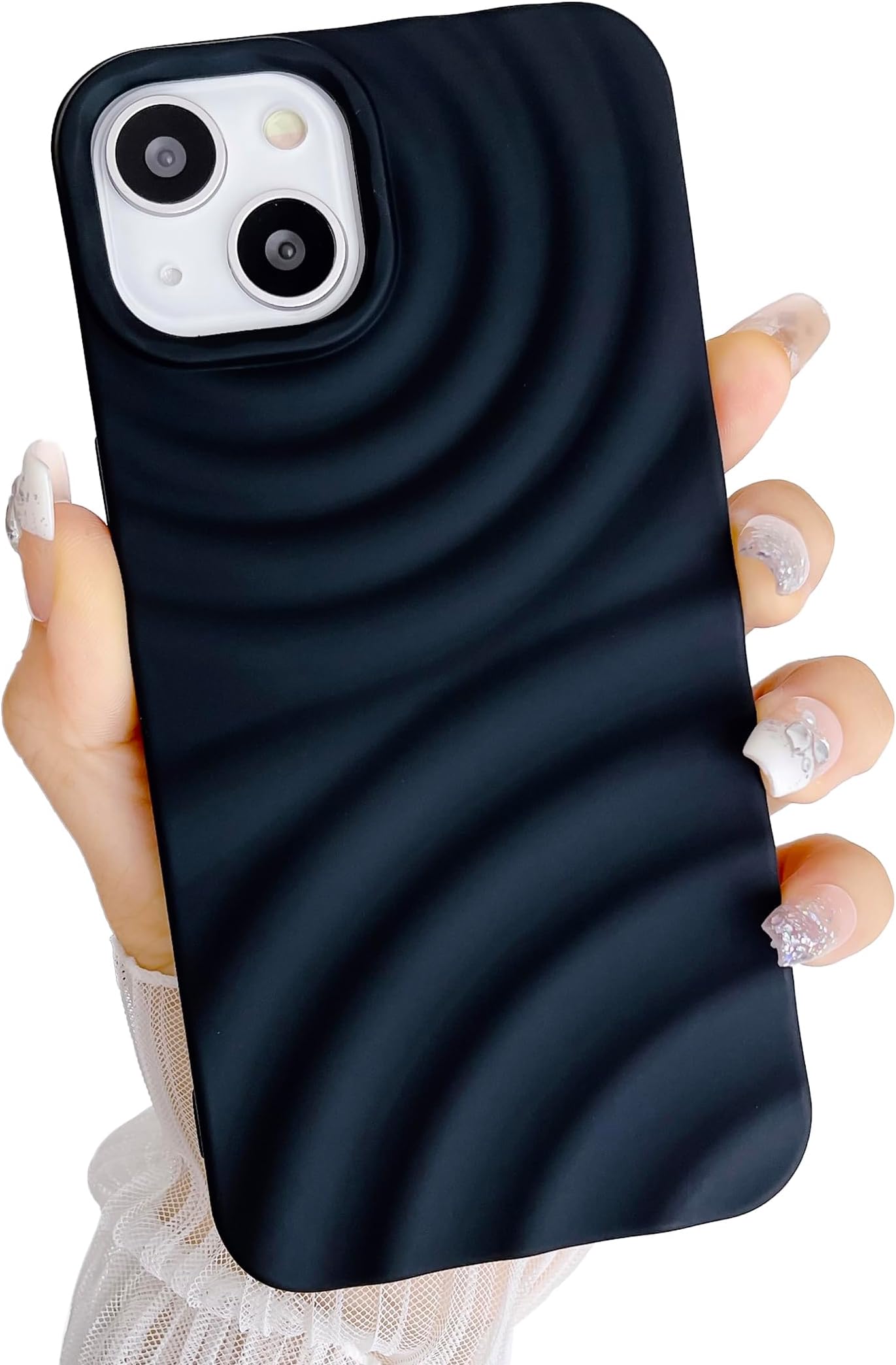 YIKUSO Cute Water Ripple Pattern Wave Shape Camera Lens Protection Soft Compatible for iPhone 13 Case（Black）