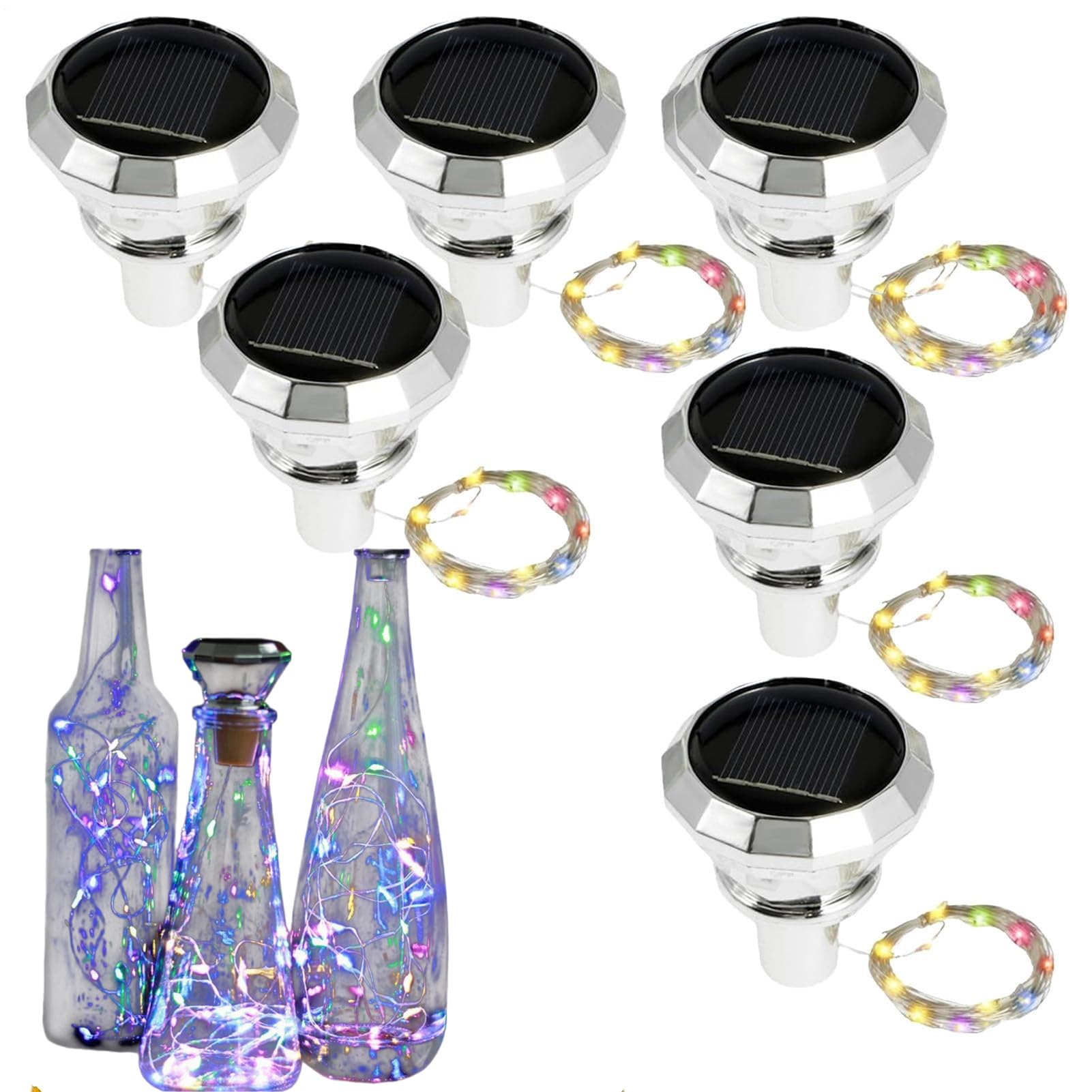 Solar Wine Bottle Lights, 6Pack 2M 20 LED Copper Wire Fairy String Lights, IP65 Waterproof Decorative Lamp, Flexible Wine Bottle String Light, Auto On/Off for Wedding Party (Multicolour(6pcs))