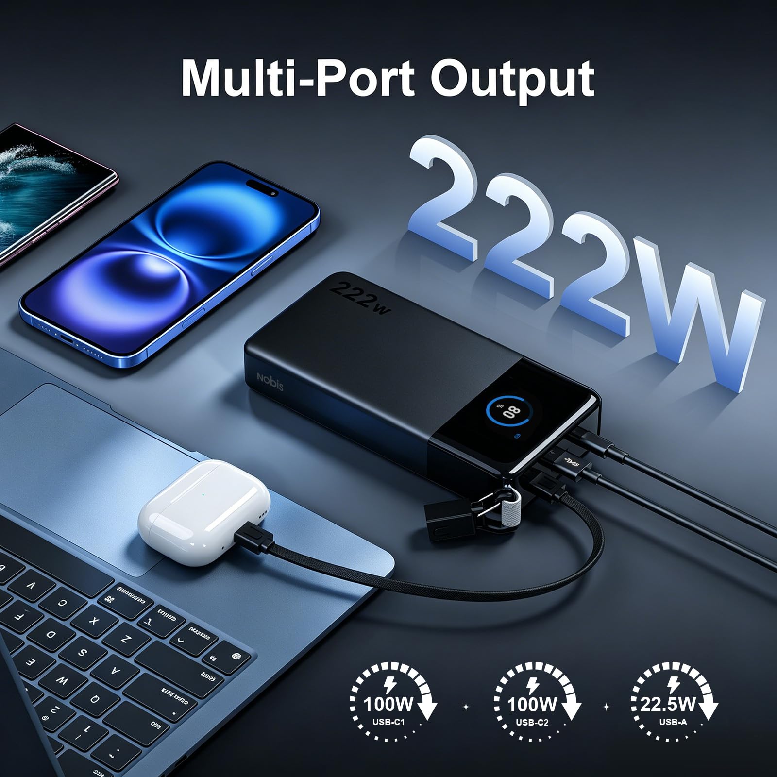 NOBIS 25000mAh 222W Laptop Power Bank con Cable USB-C y Cordón | Cargador Portátil con 3 Puertos Carga Rápida (100W Max), Pantalla TFT, Powerbank Esencial para Viajes compatible con Samsung