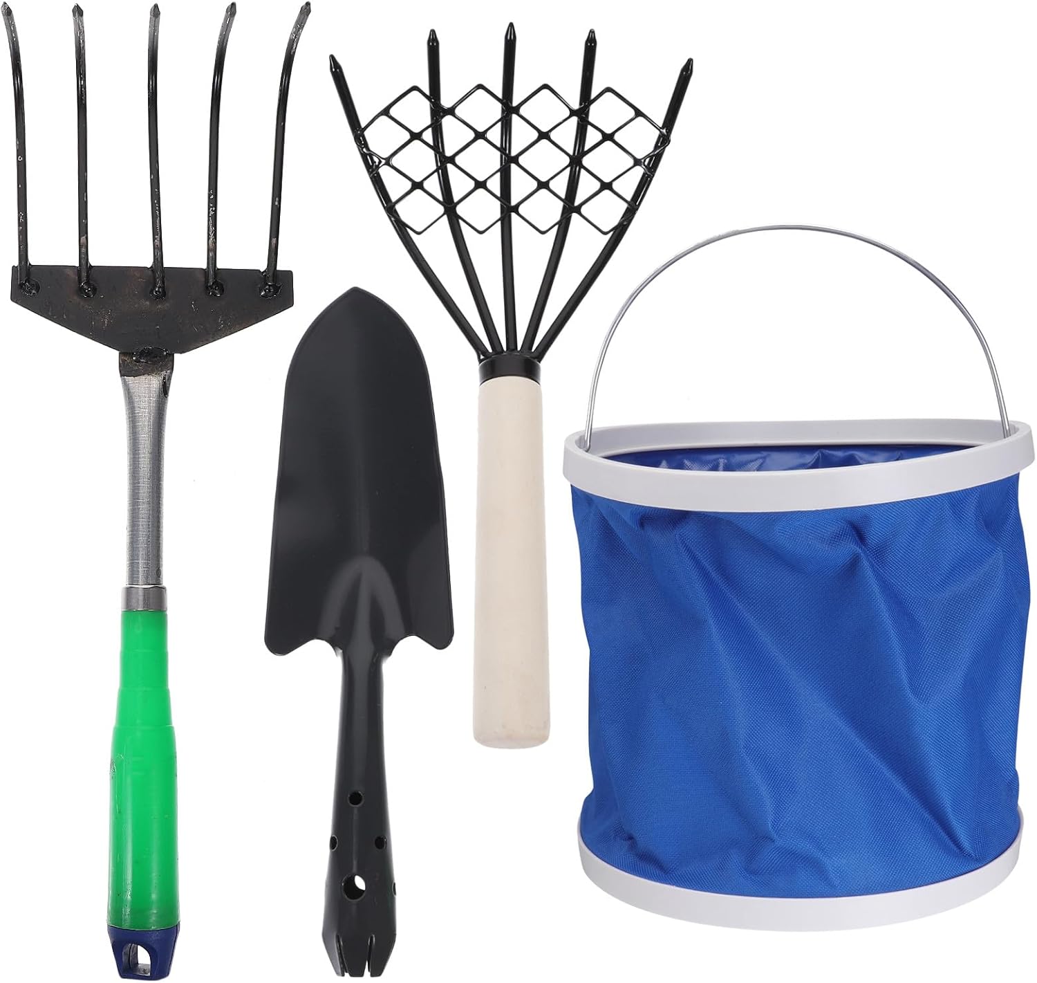 Professional Clam Digging Rake Set with 5-Prong Stainless Steel Claw, Wood Handle Sea Shell Digger and Mesh Net, Includes 9l Collapsible Bucket for Beach and Gardening Use Random