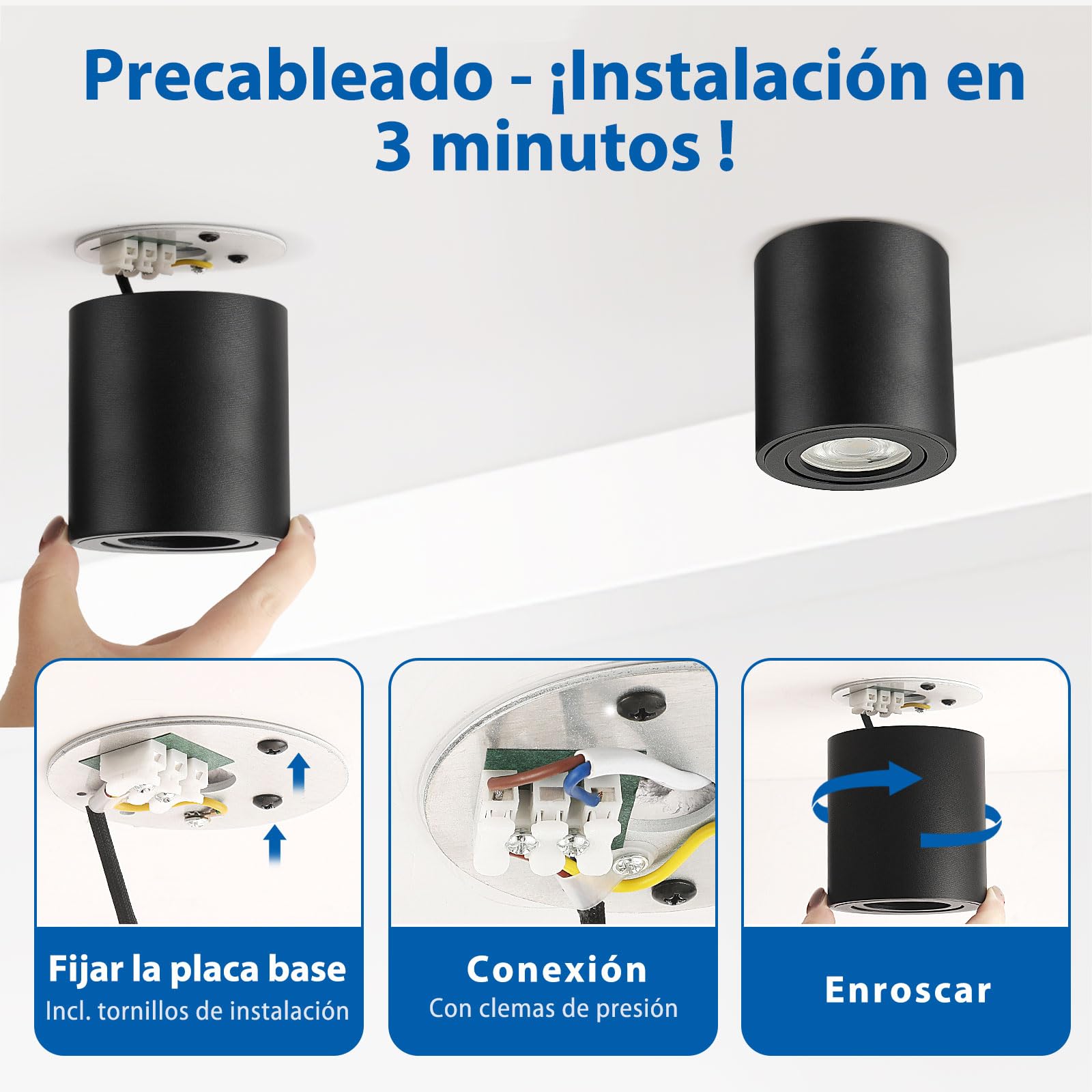 6 LED Foco de Techo Interior Recibidor Negro Orientable 3000K / 4000K / 6000K, 6.5W Focos Superficie Gu10 Regulable Cilindro Aluminio, Aplique Techo Ceiling Pasillo Hallway 230V 550LM, Cilindrico