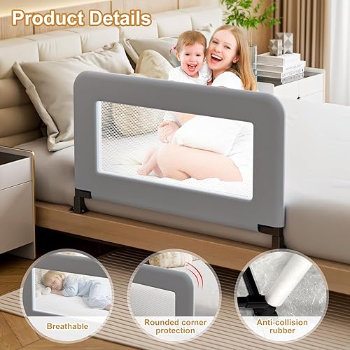 Miniatura 5 de Barandilla de protección para cama de niños pequeños para bebé - Barandilla de seguridad de metal resistente para camas individuales, de cuna,