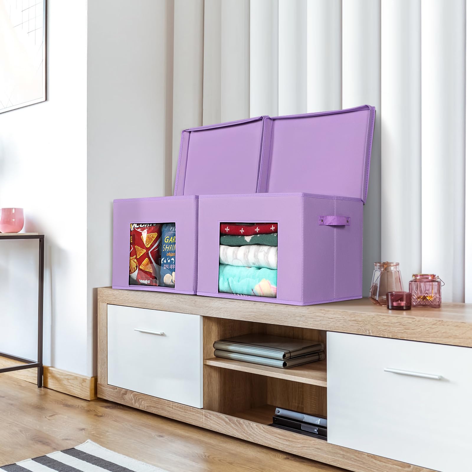 Univivi Cajas de almacenamiento plegables de tela grandes con tapas [4 unidades] cubos de almacenamiento plegables organizadores para el hogar, dormitorio, armario (morado, 17 x 12 x 12 pulgadas)