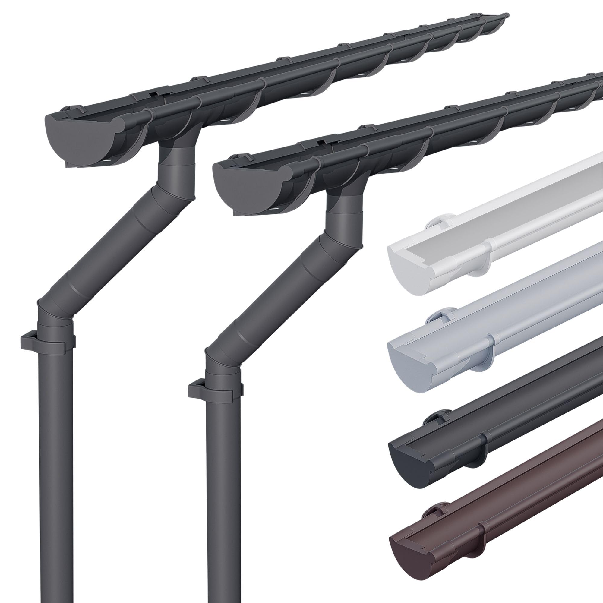 INEFA 2X Plastic Gutter Set NW100 100mm Half-Round 8m Anthracite, PVC rain Gutter for Garden shed and carport, guttering kit, Made in Germany