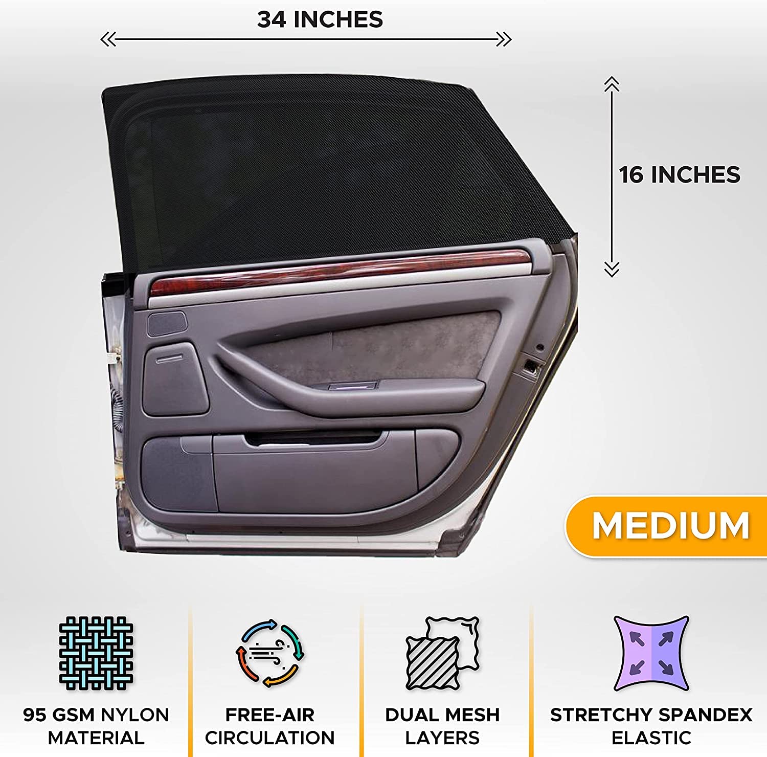 EcoNour Car Window Screens for Camping (Pack of 2) | 100% Protection from Bugs, UV and Car Mosquito Net for Camping | Breathable Mesh Baby Car Window Covers for Privacy Blackout (Medium 34"x18")