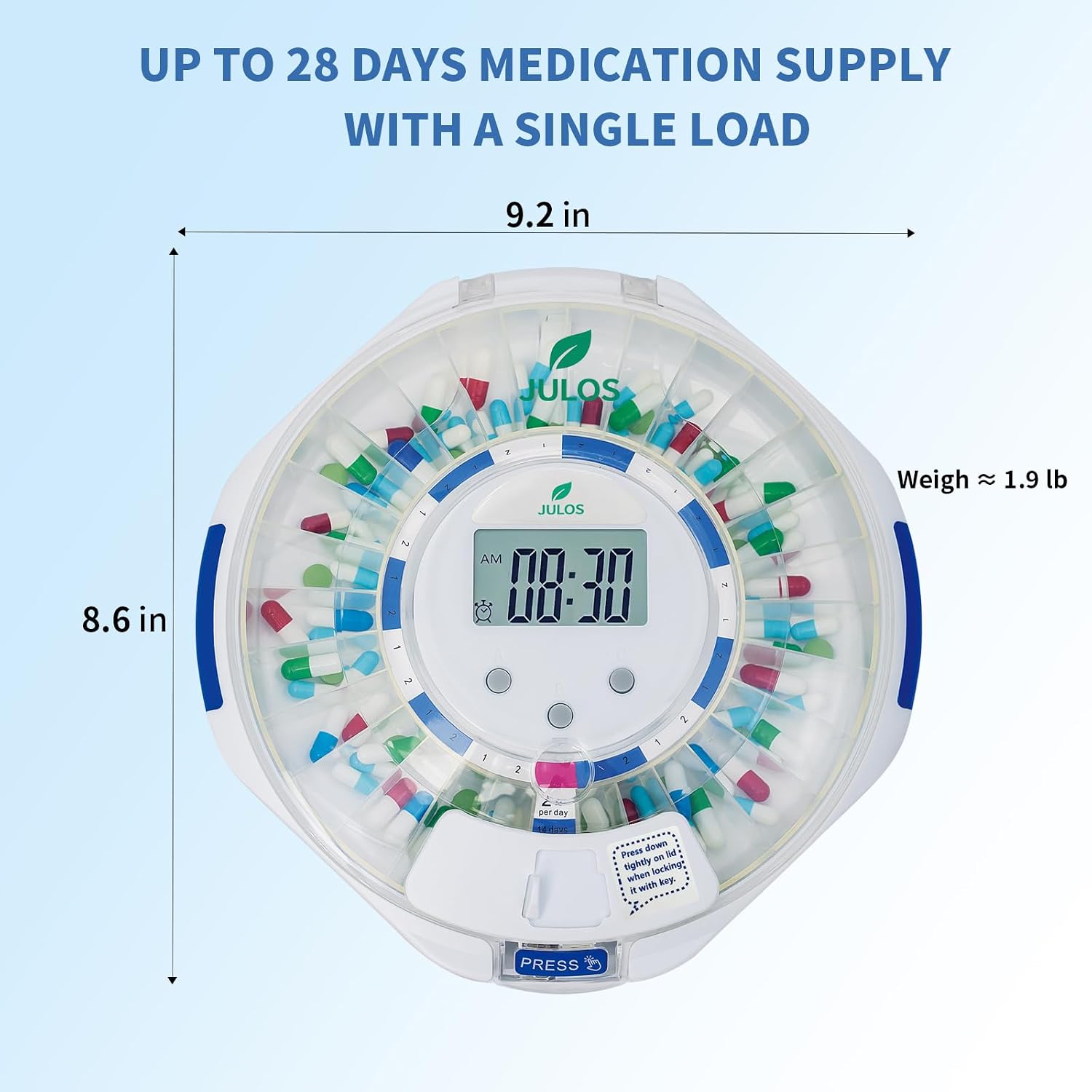 JULOS 28-Day Automatic Pill Dispenser with Alarm for Chronic & Alzheimer’s Care, Locked Medication Organizer w/Easy-Read LCD Display, Sound & Light & Alerts for Medication, Vitamins & More, Clear Lid
