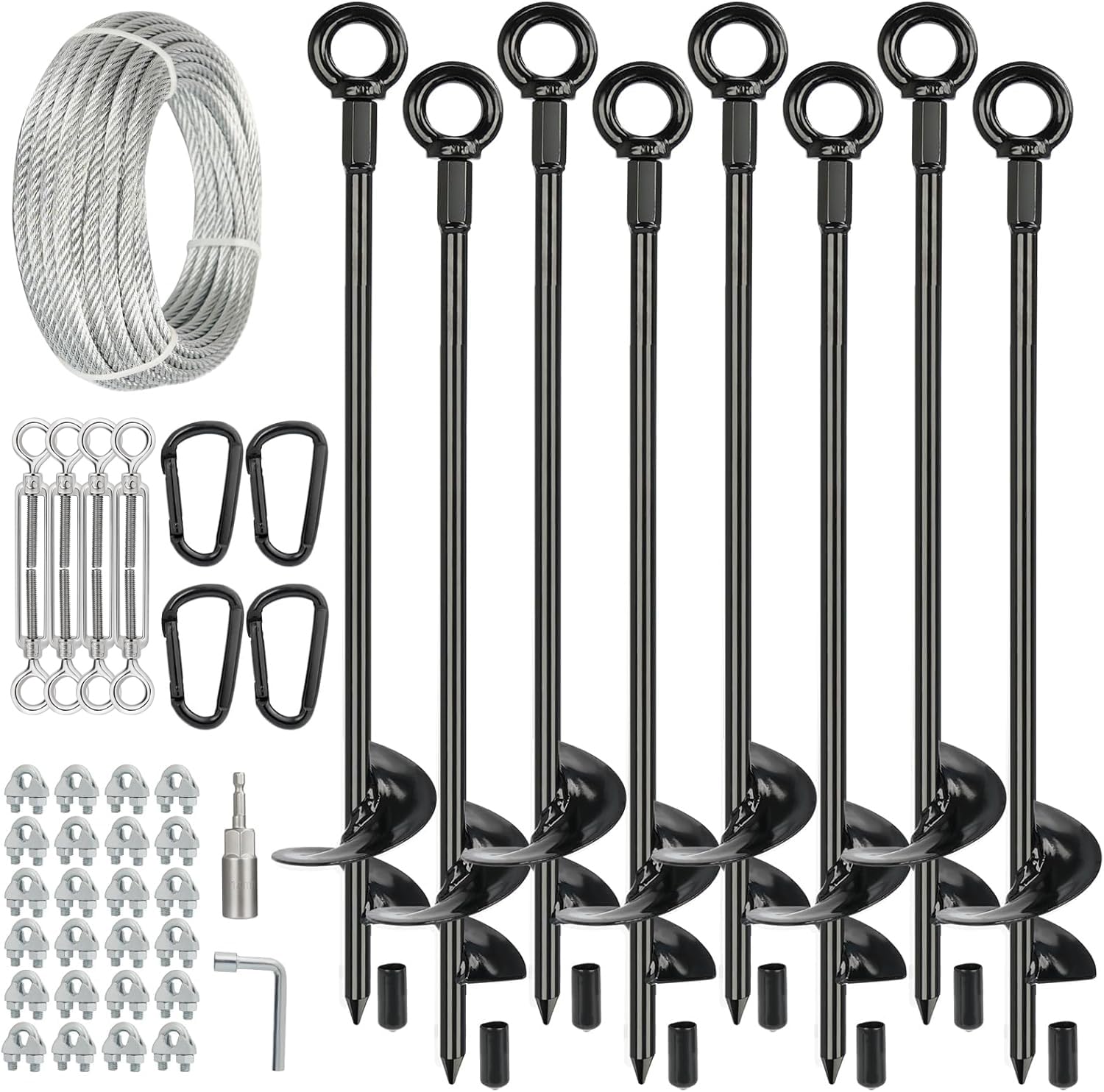 8 Pcs 30" Long Ground Anchors Shed Anchors Kit with 3/16" Galvanized Cable &amp; Turnbuckles &amp; Carabiners, Heavy Duty Earth Anchors for Sheds Trees Trampoline Greenhouse Swing Set Tent