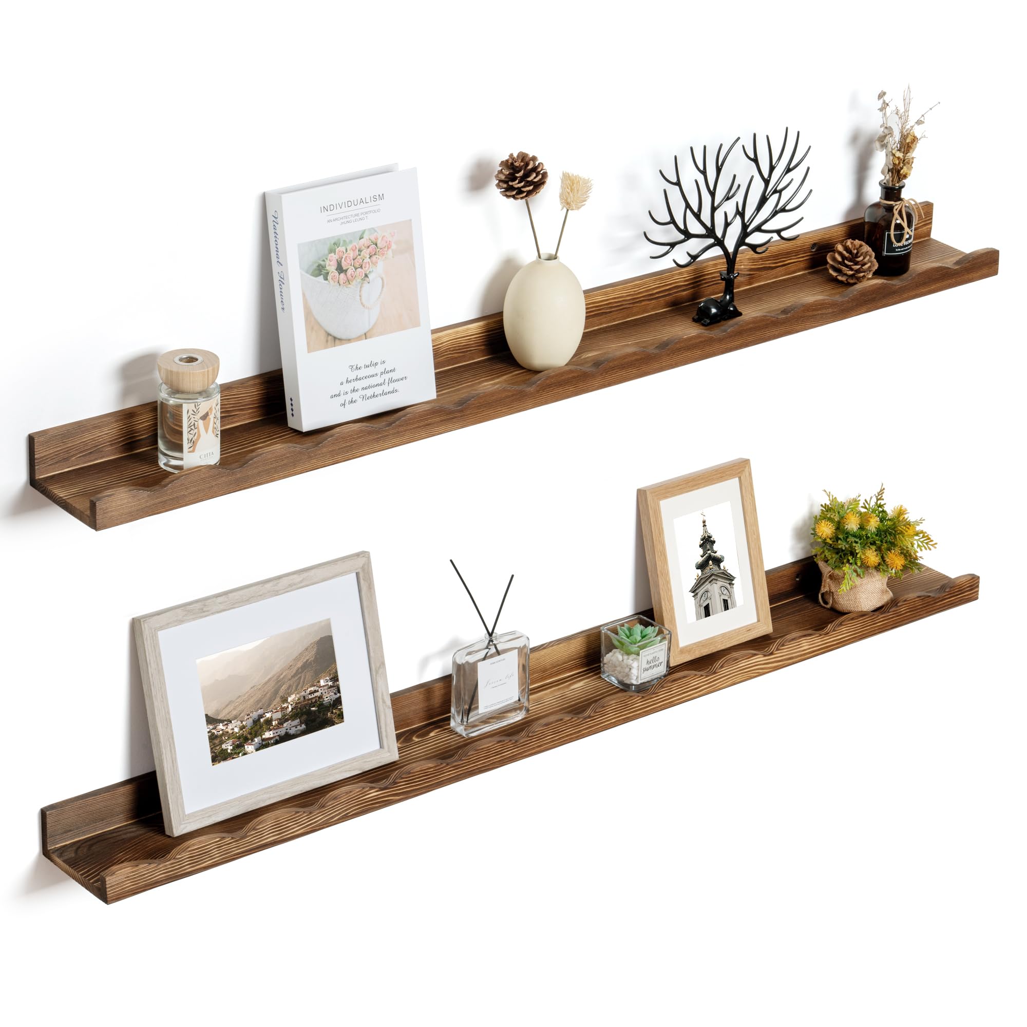 Fun Memories Picture Ledge Shelf for Wall, 56” inch Pine Wood Nursery Book Shelves Set of 2- Wall Book Shelves for Kids Room, Home Decor - Kitchen Walnut