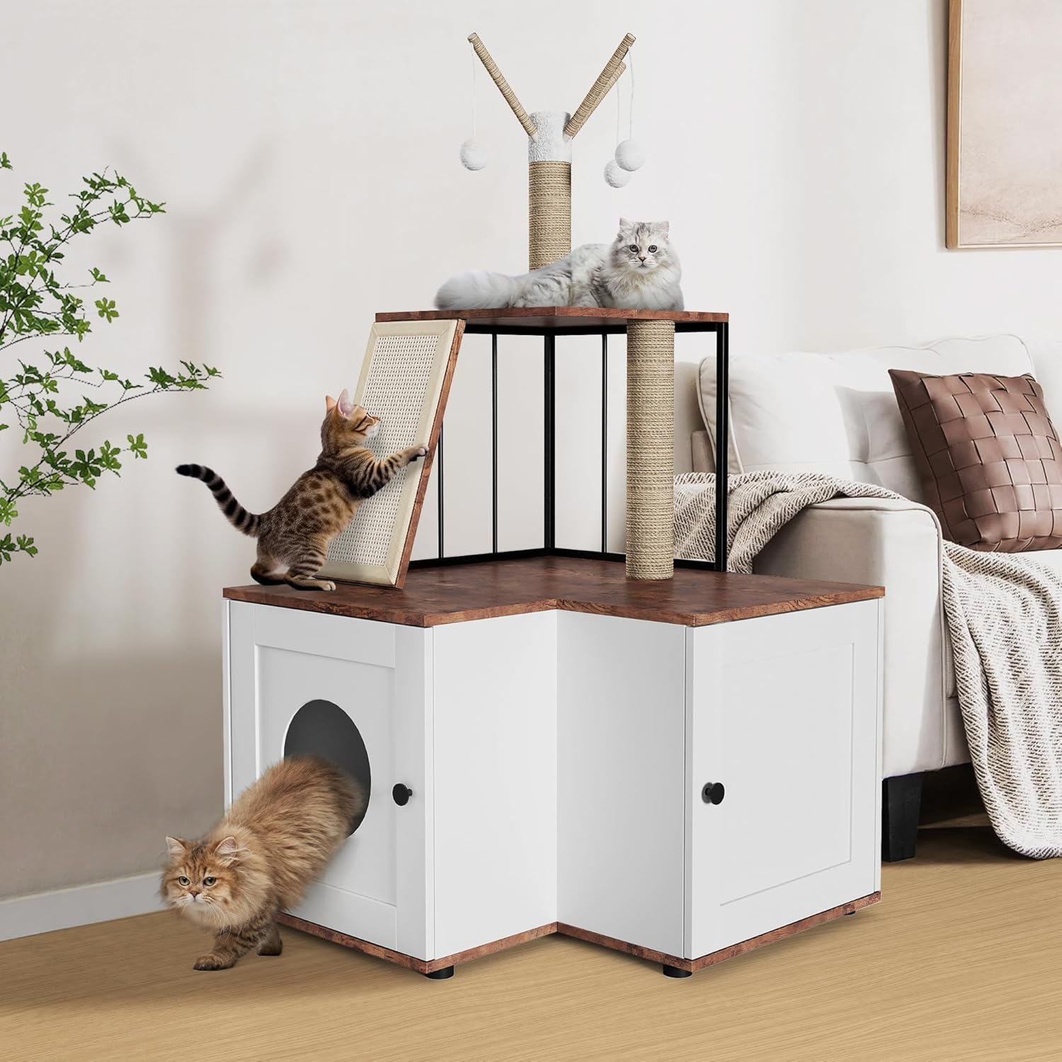 Katzentoilette mit Aufbewahrungsschrank, verstecktes Katzenstreumöbel mit Kratzbrett, Kratzbrett und Spielbälle, großer Kratzbaum mit Katzenstreuschrank, Möbel aus Holz