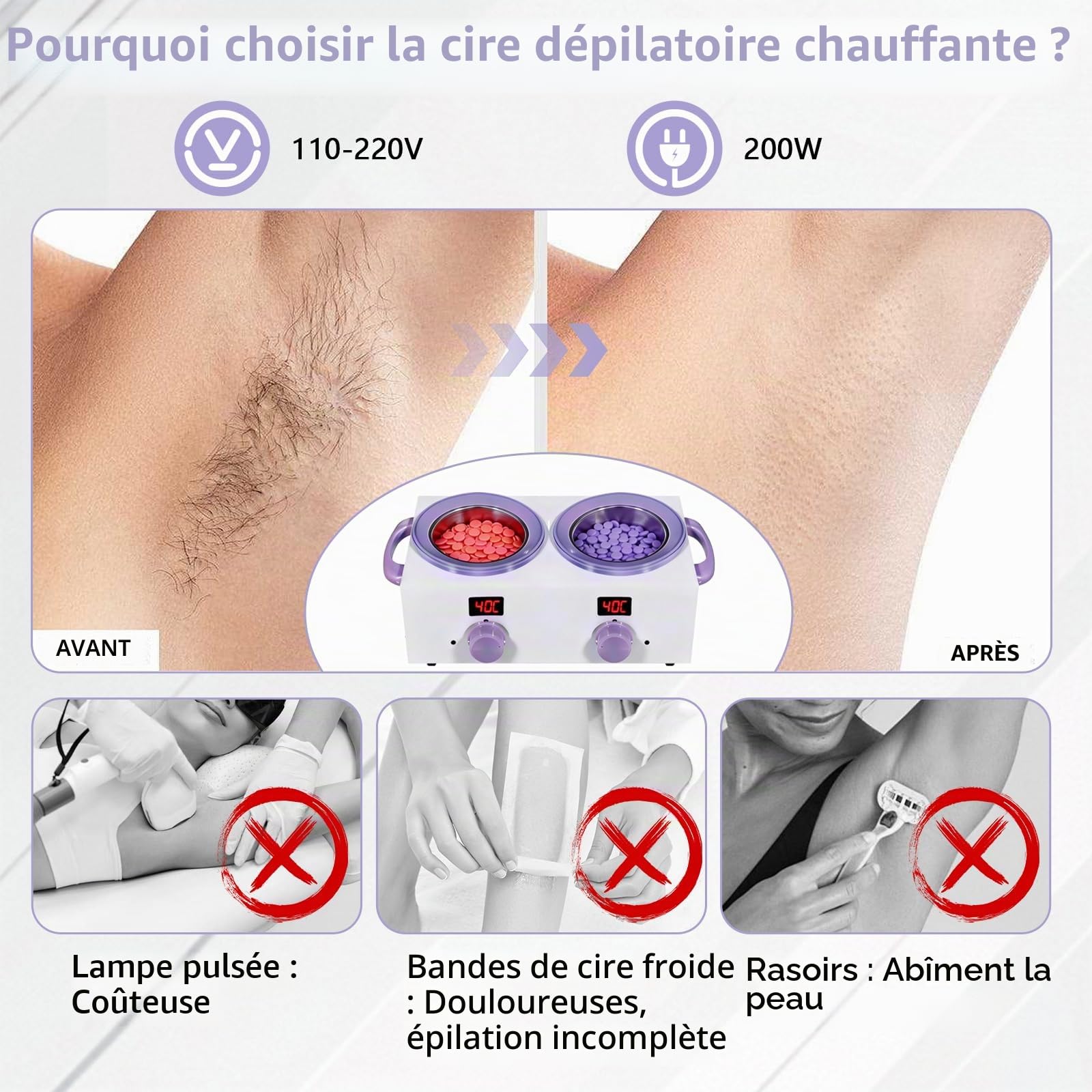 Chauffe-cire double avec écran d’affichage électronique, 2 pots de cire de 500 ml, chauffe-cire 220W pour épilation avec température réglable, idéal pour usage domestique, barbier, salon