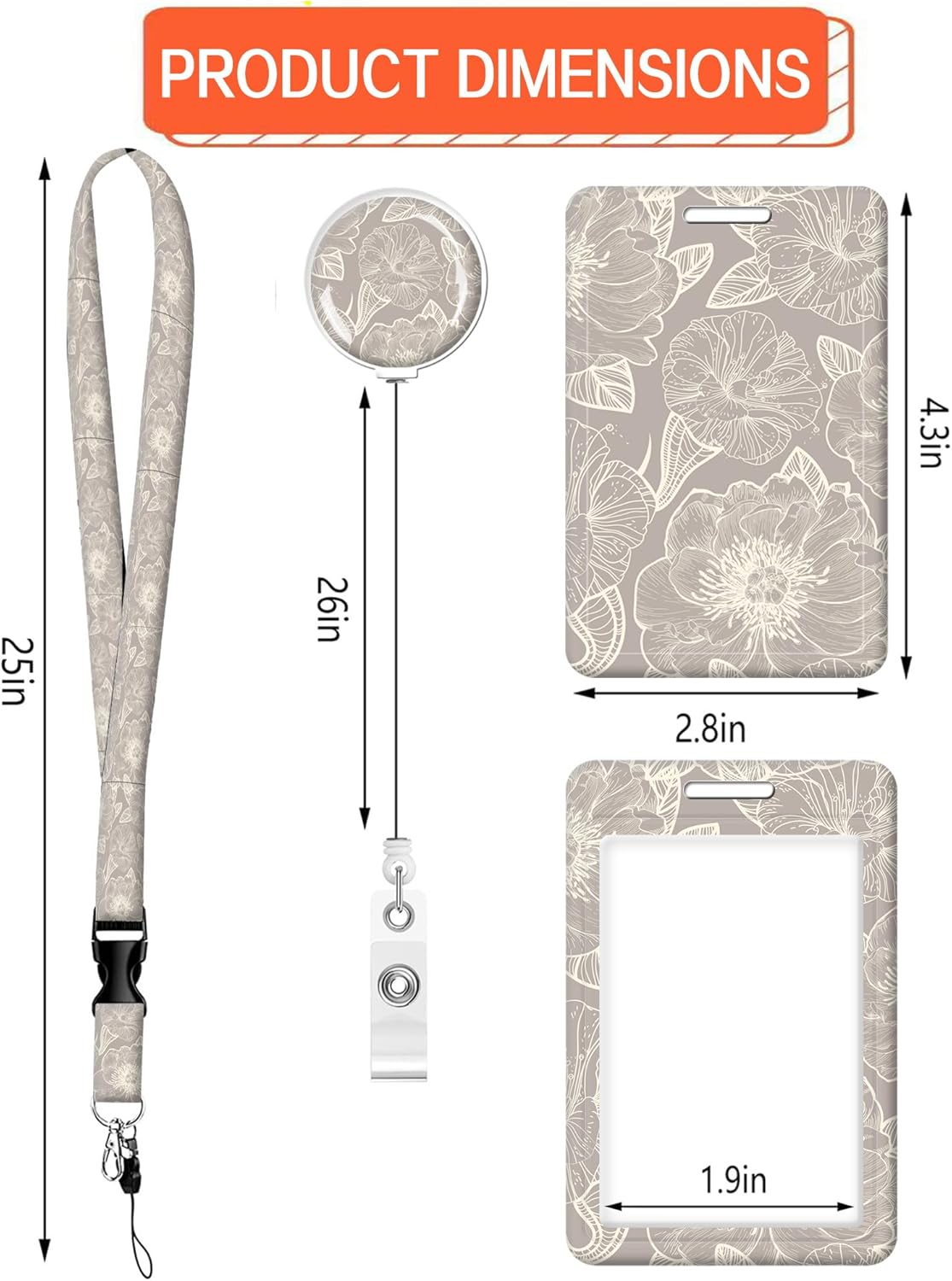 ID Badge Holder with Retractable Lanyard and Keychain, Badge Reel with Rotate Carabiner Clip,Elegant Gray Flower Card Name Tag Lanyard ID Protector Bage Clips for Teachers, Student, Women, Office - Image 3