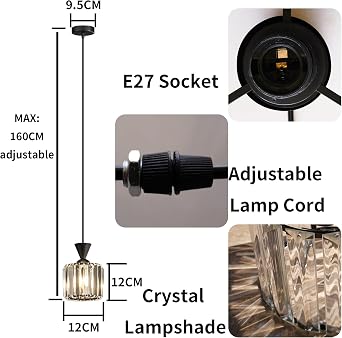 Crystal Ceiling Pendant Light Black,E27 Modern Hanging Lights Max 60W,ø12CM | Adjustable Height Pendant Light Fitting for Kitchen Island Dining Room Loft Bedroom Living Room(Bulb Not Included) [Energy Class A]