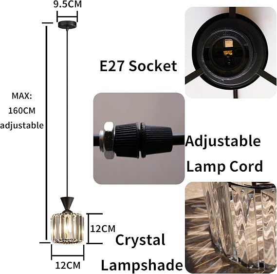 Crystal Ceiling Pendant Light Black,E27 Modern Hanging Lights Max 60W,ø12CM | Adjustable Height Pendant Light Fitting for Kitchen Island Dining Room Loft Bedroom Living Room(Bulb Not Included) [Energy Class A]