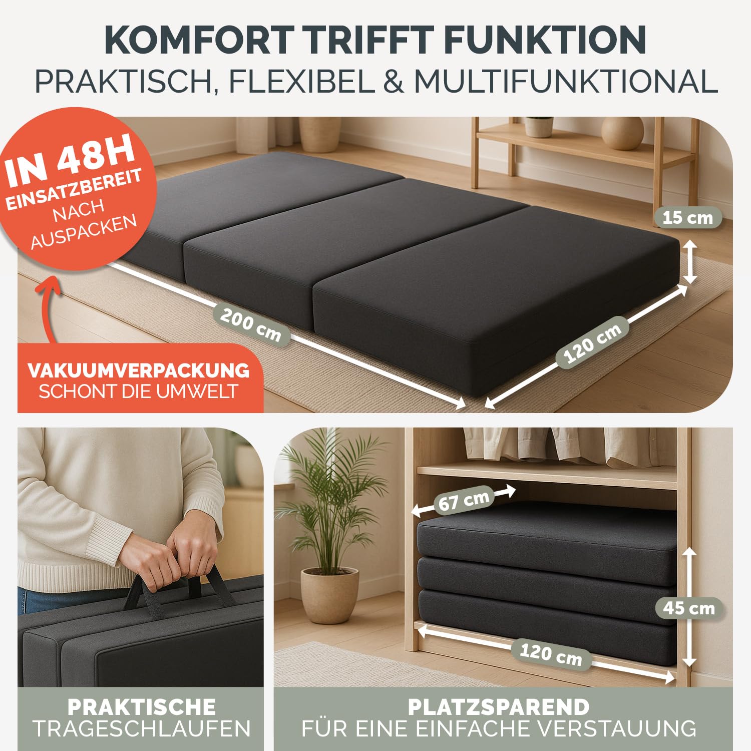 Blumtal Klappmatratze 120x200 cm - 3teilige Gästematratze klappbar extra dick (15 cm) - rückenfreundliche Faltmatratze 140x200 Schaumstoff - Schlafmatratze + Bezug Anthrazit hautfreundlich & waschbar