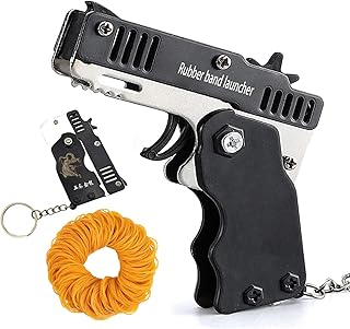 Kids Toys Cool Keychain Mini Metal Folding Rubber Launcher Toy with 60 Elastic Rubber Bands for Outdoor Activities (Black)