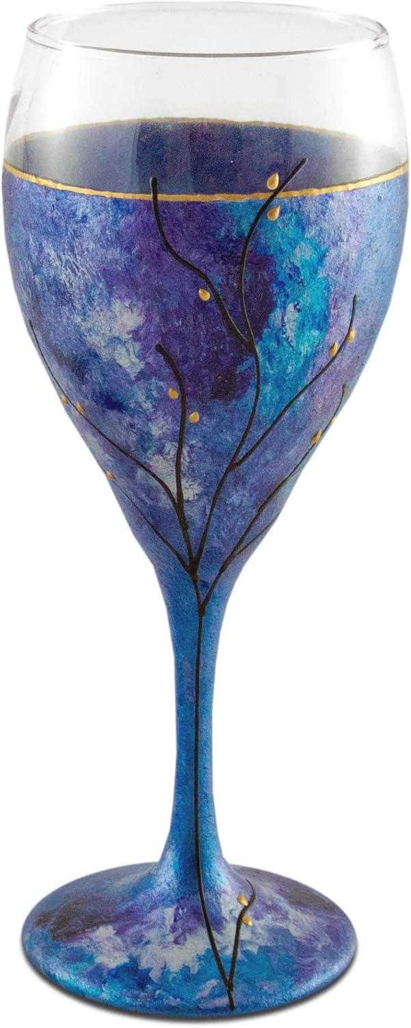 Sand and Water Creations Hand Painted Kiddush Cup Wine Glass Tree of Life 7" Purple Blue