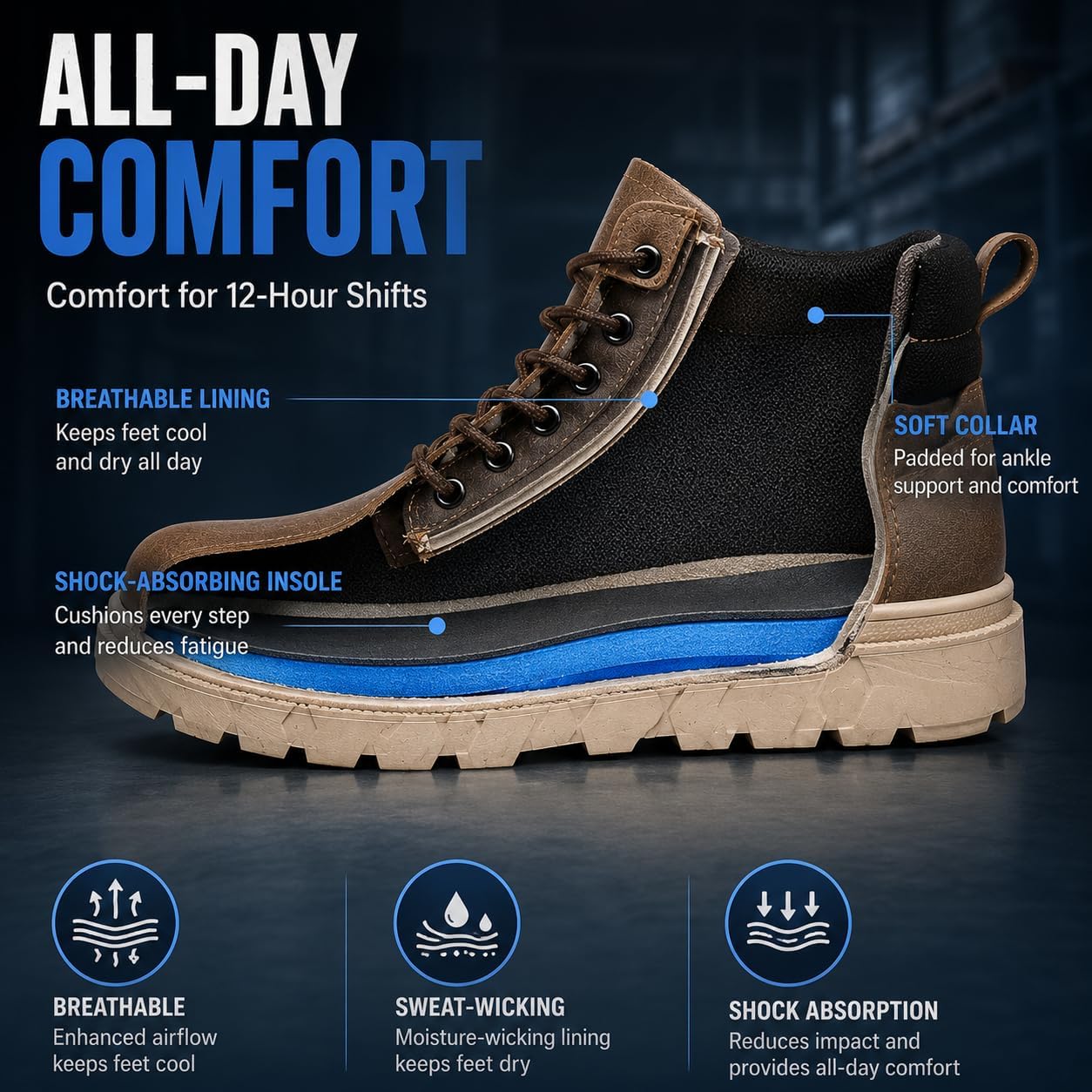Steel Toe Boots for Men – Composite Toe Shoes, Slip Oil Acid Resistant Rubber Outsole, Breathable Mesh Lining and Insole – Work Safety Shoes for Construction, Warehouse,Industry