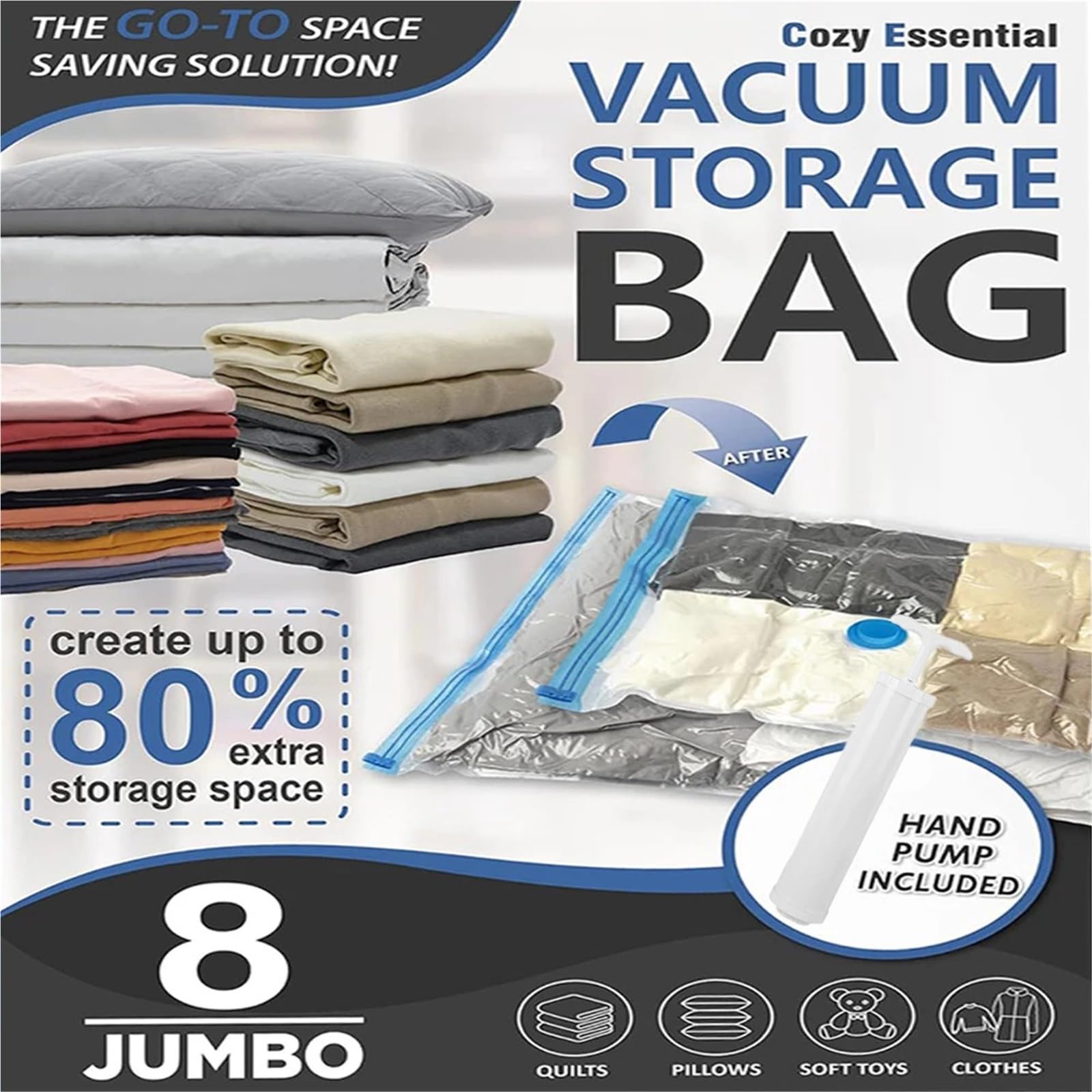 Vakuumbeutel Vakuum-Aufbewahrungsbeutel | For Kleidung, platzsparende Kompression mit Handpumpe(6 pcs with pump,60X80cm)