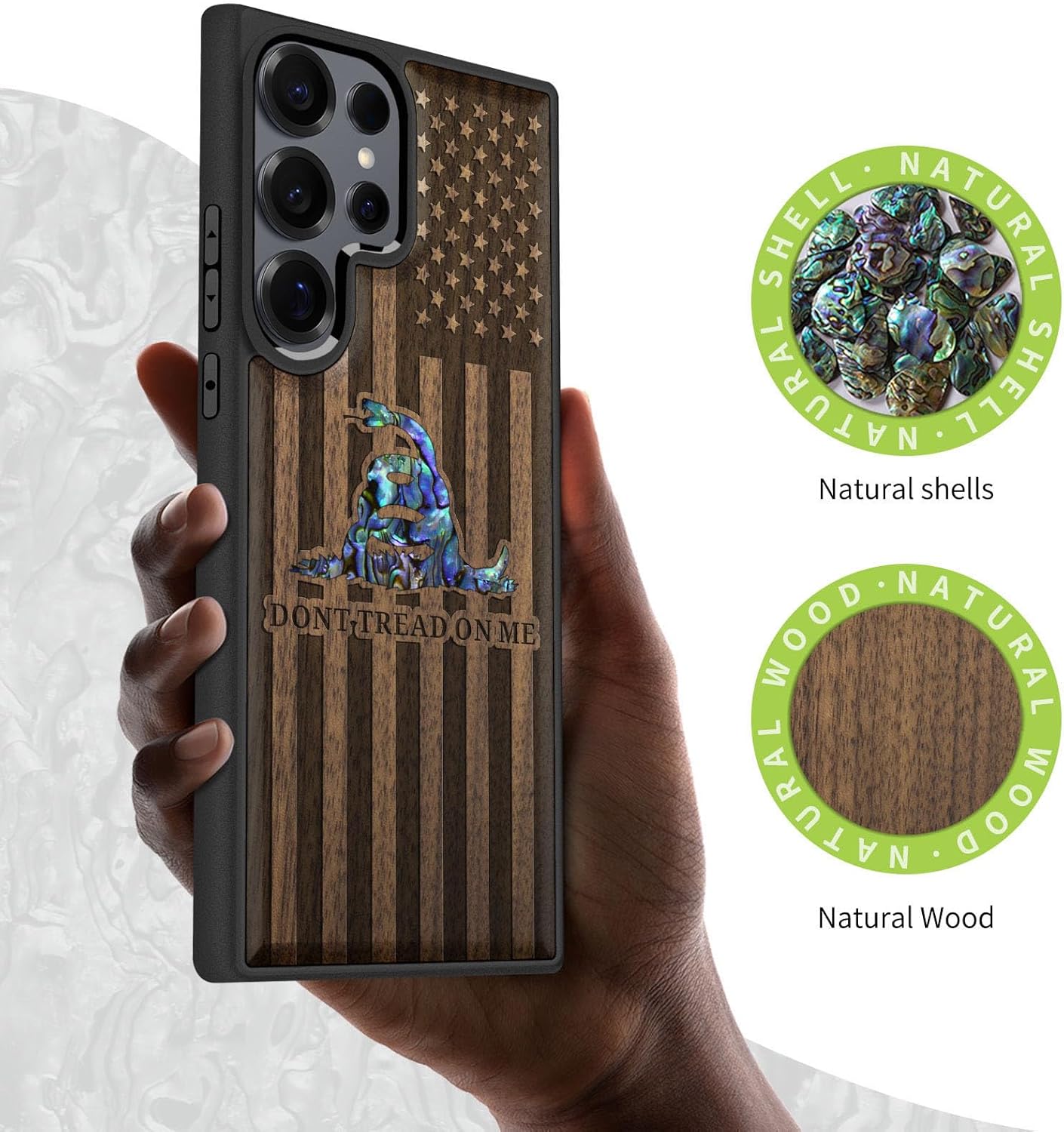 Carveit Magnetic Wooden Case for Samsung Galaxy S25 Ultra Case, Wood Artisan Engraved & Handmade Shell Inlaid, Compatible with MagSafe Wireless Chargers (Gadsden Flag Reenvisioned) Walnut