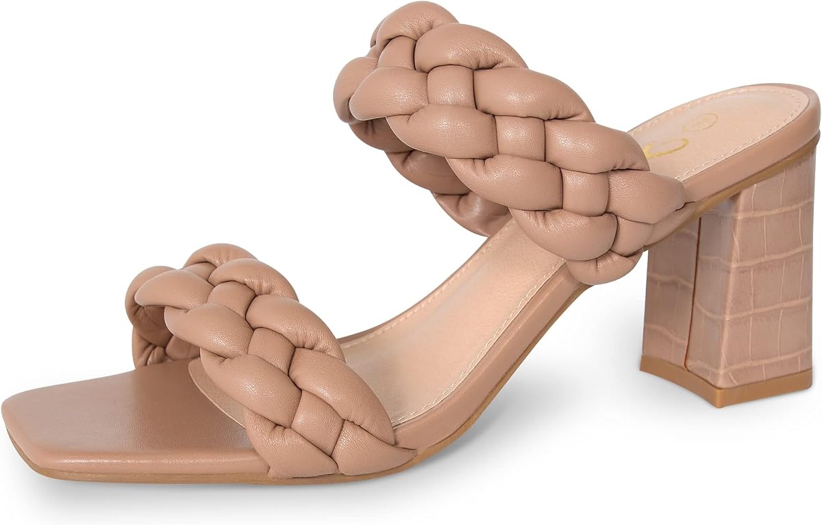Sandalias de tacón trenzado para mujer Tacones gruesos con punta abierta cuadrada de verano
