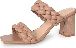 Athlefit Women's Braided Heeled Sandals Summer Square Open Toe Chunky Block Heels, Nude, 7 Price In India