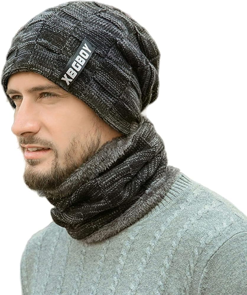 2 Pcs Beanie Hat Scarf Set Knit Skull Cap Men Winter Thick