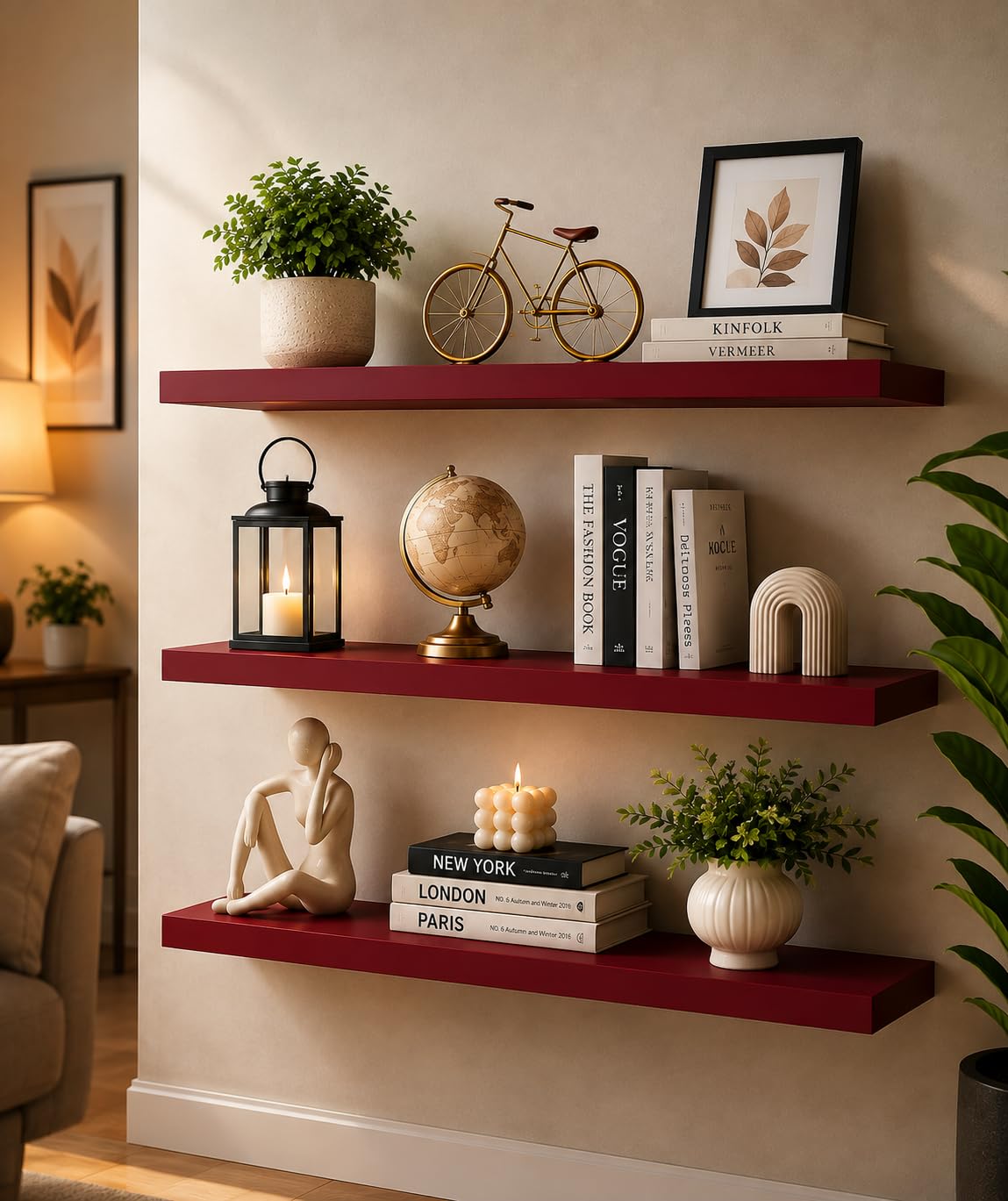 Wooden Floating Wall Shelf Set of 3, Wall Mounted Display Shelf for Living Room, Bedroom, Office & Home Decor, Decorative Storage Rack, Red, 45W x 15D x 2.5H cm-image-42