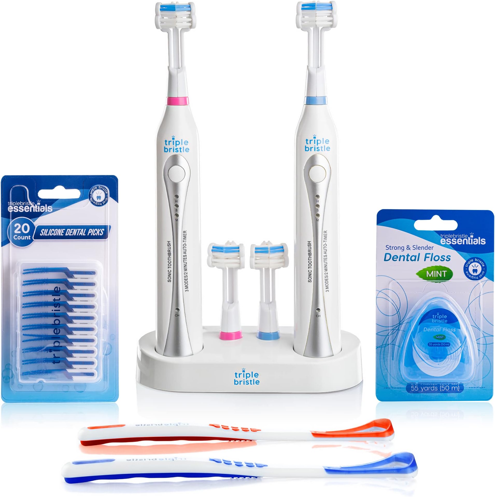 Triple BristleDuo | 2 Sonic Toothbrushes with Dual Charging Station | Patented 3 Head Design | 31,000 VPM Electric Toothbrush Set | for Adults, Families & Couples | Triple Bristle Duo + Oral Kit