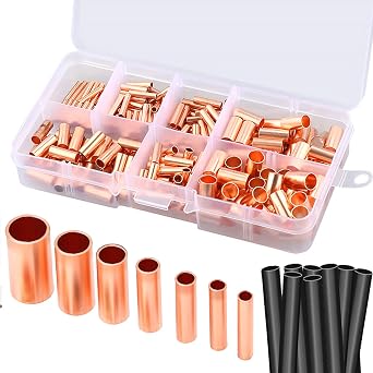 250Pcs Wire Ferrules Kit 7 Size Copper Crimp Connector Non Insulated Electrical Butt Terminal Assortment Kit with Heat Shrink Tubing