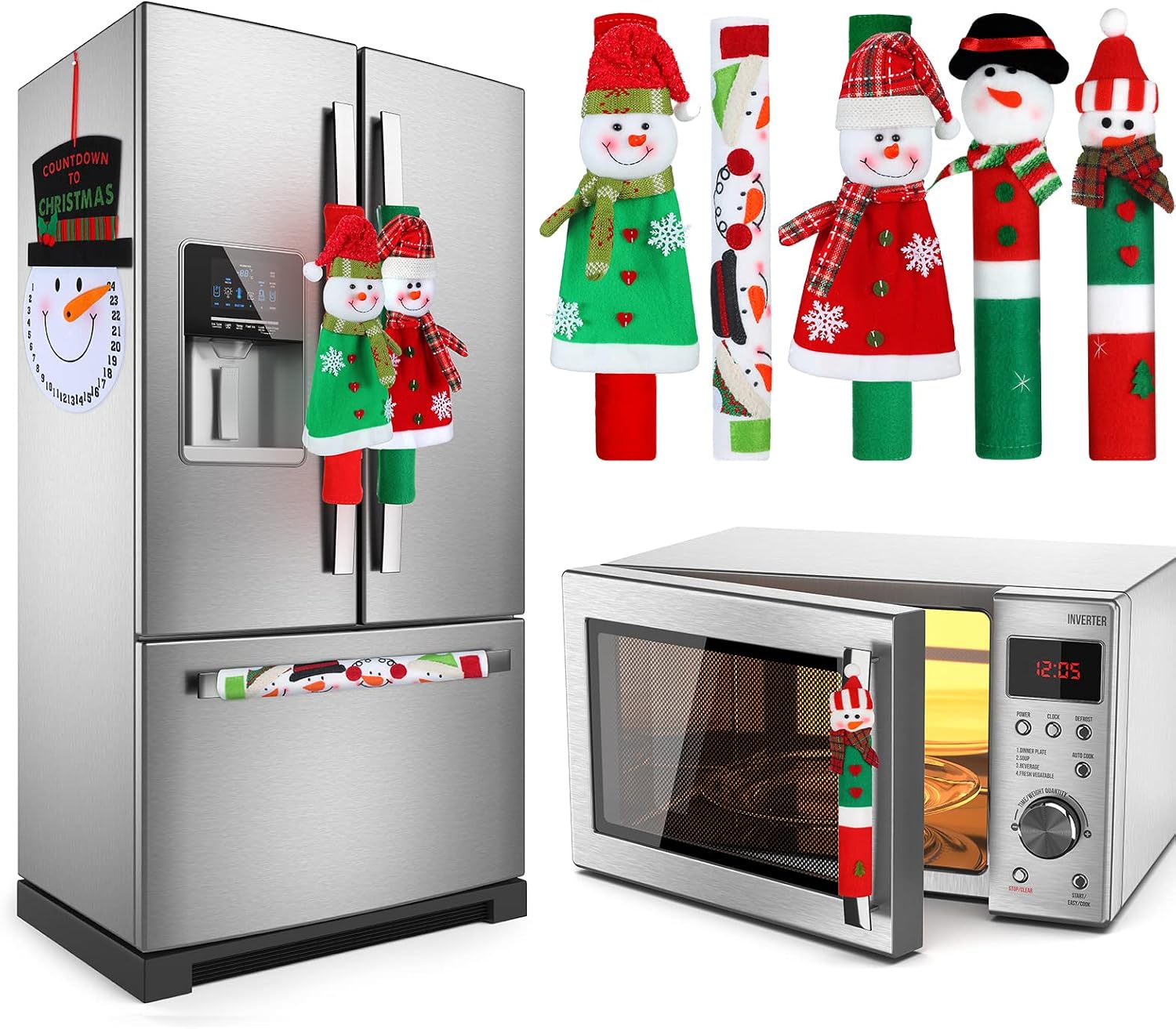 Gejoy 7 Pieces Christmas Refrigerator Handle Covers Set Snowman Refrigerator Door Handle Covers and Snowman Advent Clock Calendar for Christmas Kitchen Appliance Handle Decorations